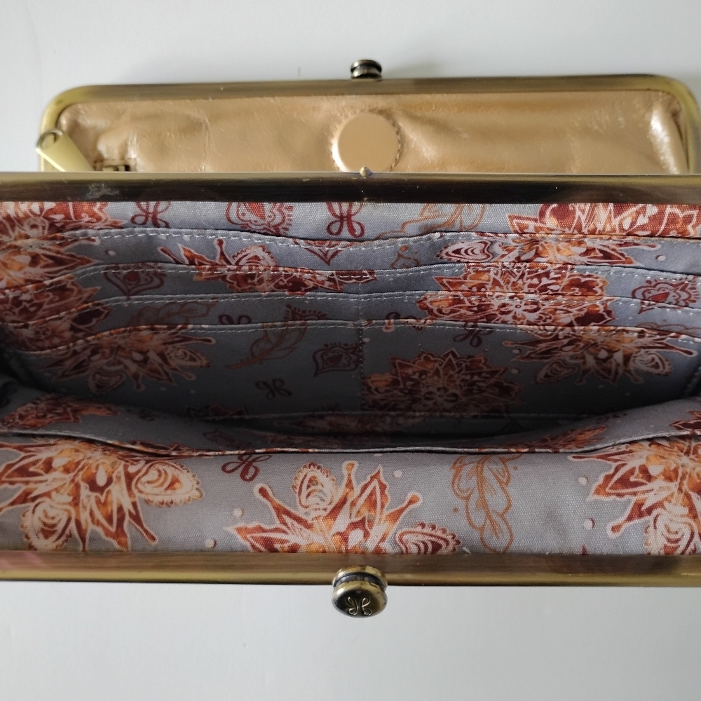 HOBO  Leather Lauren Wallet Kiss Lock Metallic Gold Folding  Classic Clutch - Picture 6 of 12